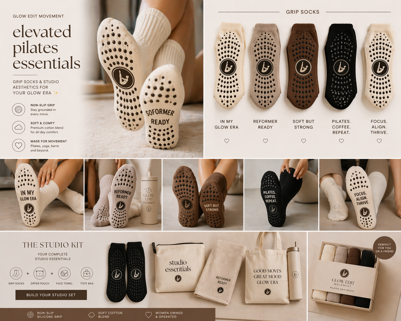 Morning Ritual - Pilates & Coffee" Aesthetic Non-Slip Grip Socks for Women